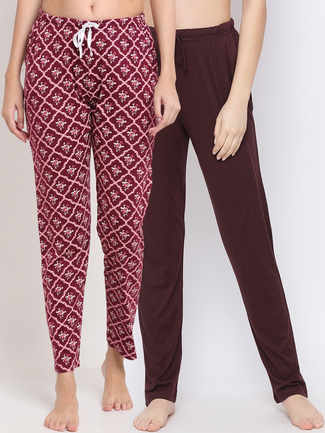 

Kanvin Women Pack Of 2 Solid & Printed Pure Cotton Lounge Pants, Brown