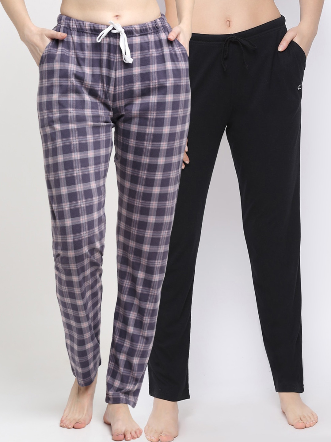 

Kanvin Women Pack Of 2 Checked Pure Cotton Lounge Pants, Black