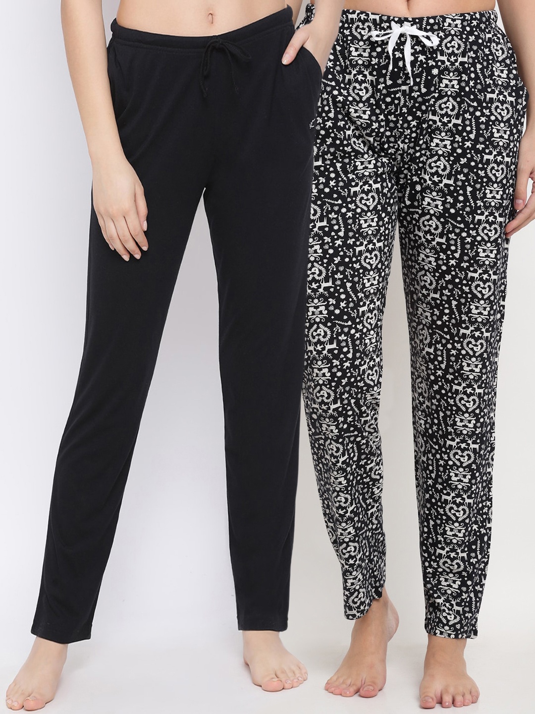 

Kanvin Women Women Pack Of 2 Printed Cotton Lounge Pants, Black