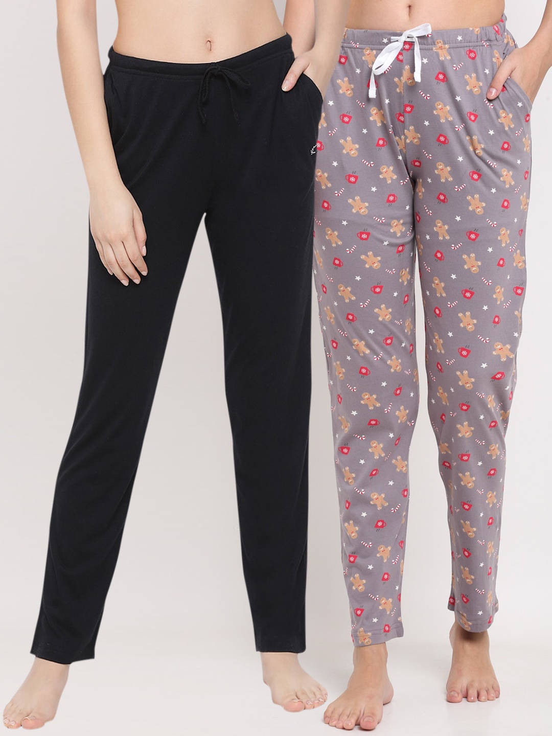 

Kanvin Women Pack Of 2 Printed Pure Cotton Lounge Pants, Black