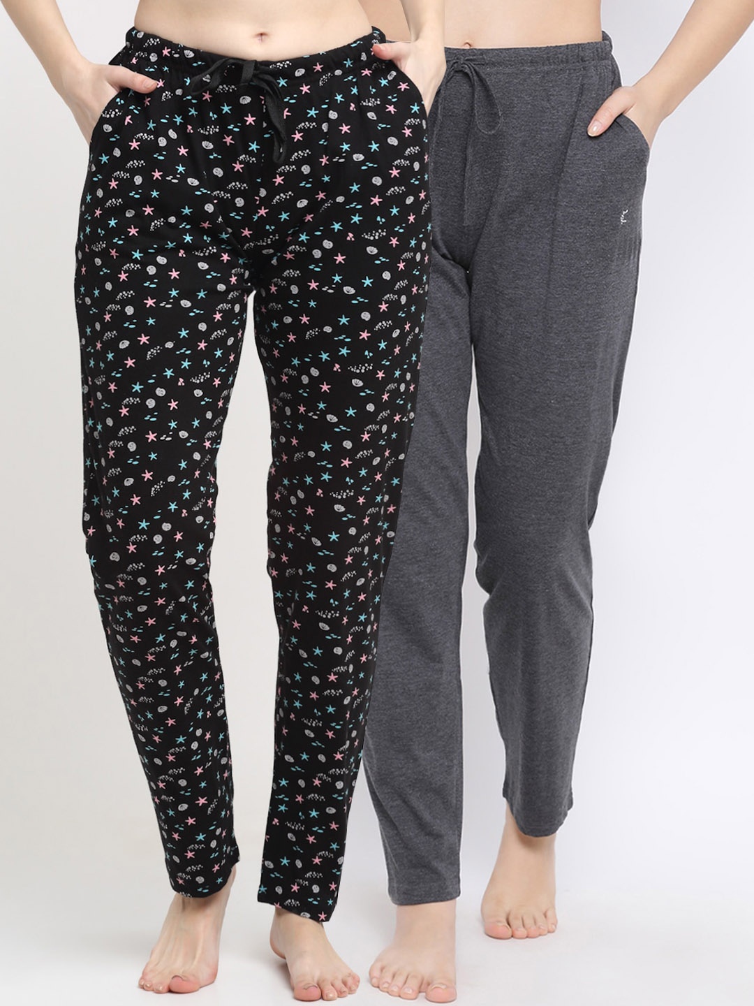 

Kanvin Women Pack Of 2 Printed Cotton Lounge Pants, Charcoal