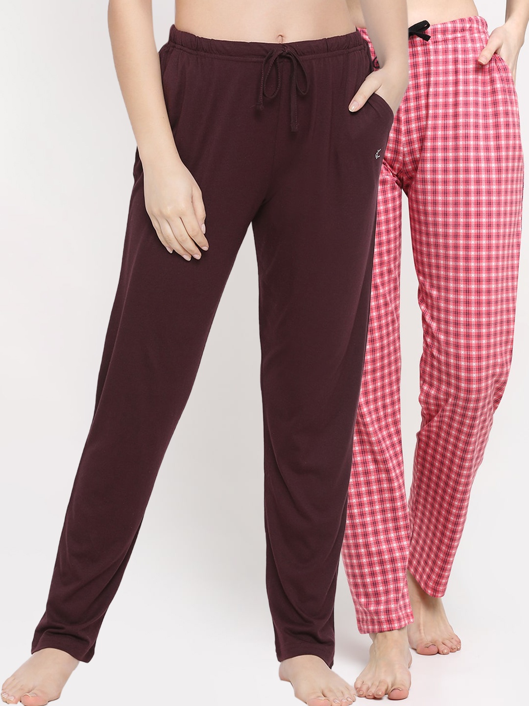 

Kanvin Women Pack Of 2 Printed Pure Cotton Lounge Pants, Brown