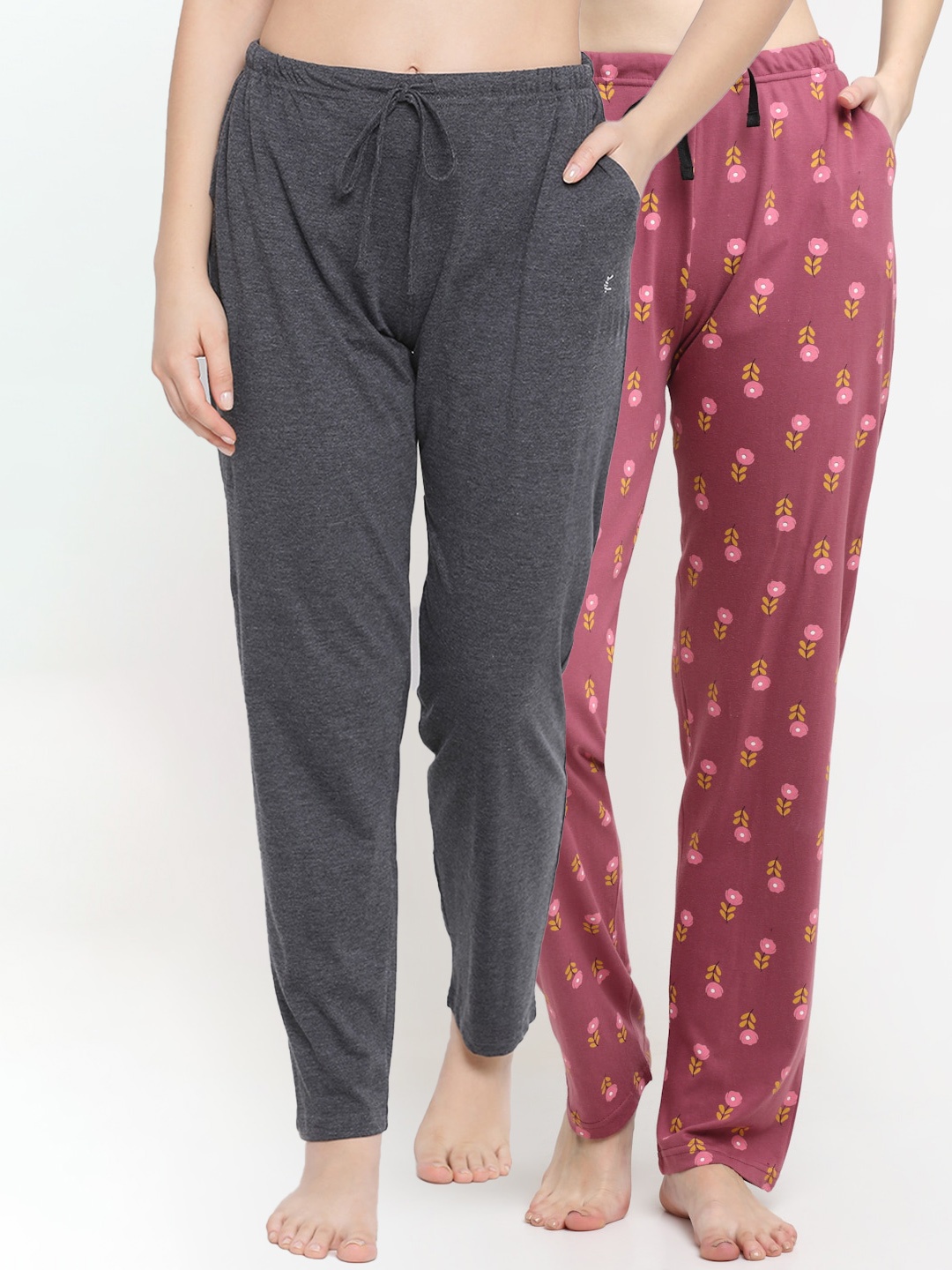 

Kanvin Women Pack Of 2 Printed Pure Cotton Lounge Pants, Charcoal
