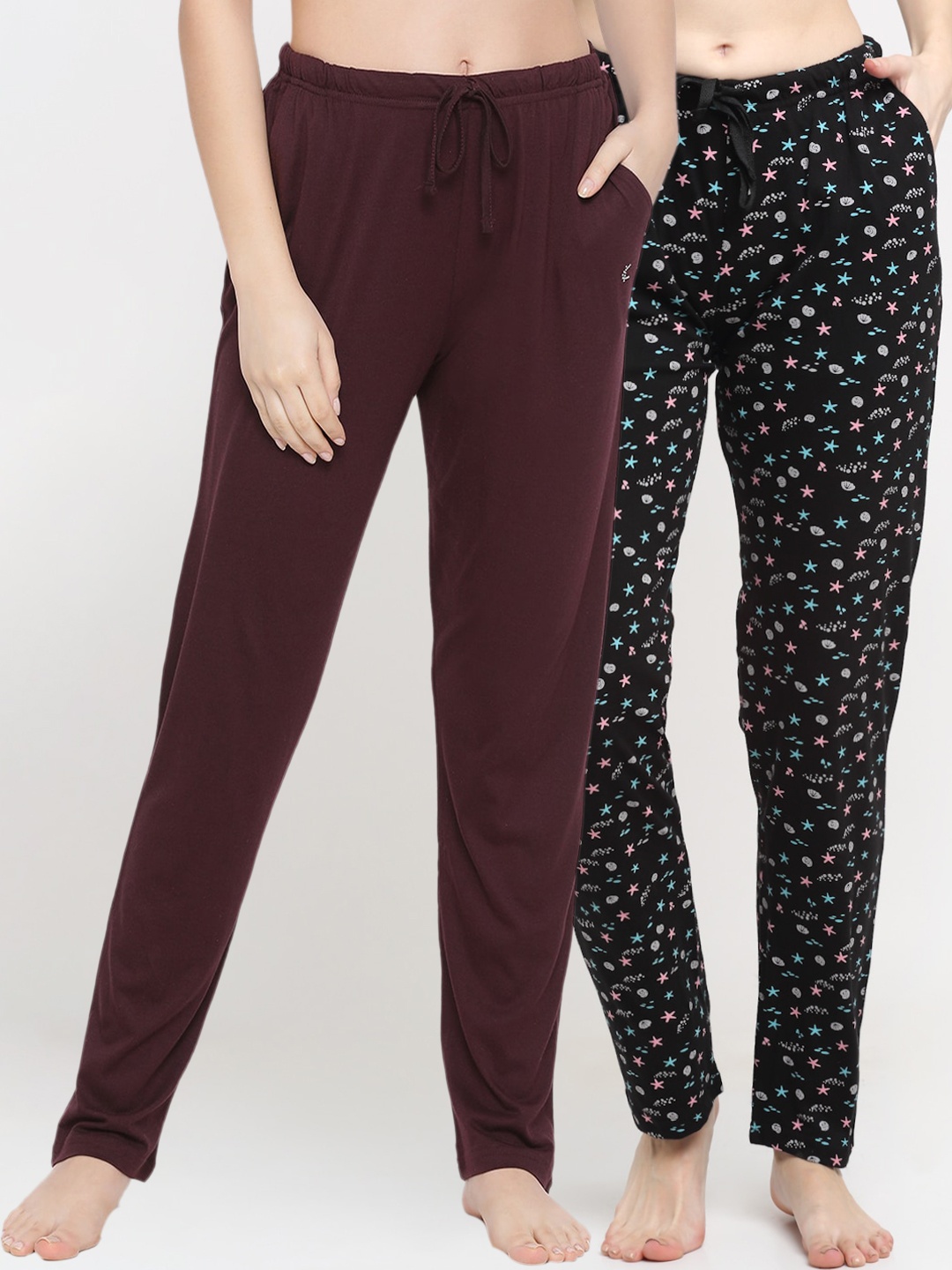 

Kanvin Women Pack Of 2 Printed Pure Cotton Lounge Pants, Brown