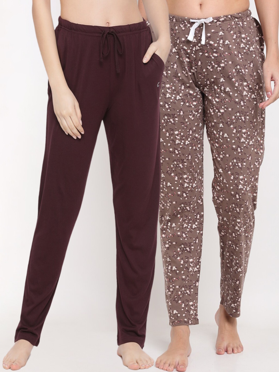 

Kanvin Women Pack Of 2 Printed Pure Cotton Lounge Pants, Brown
