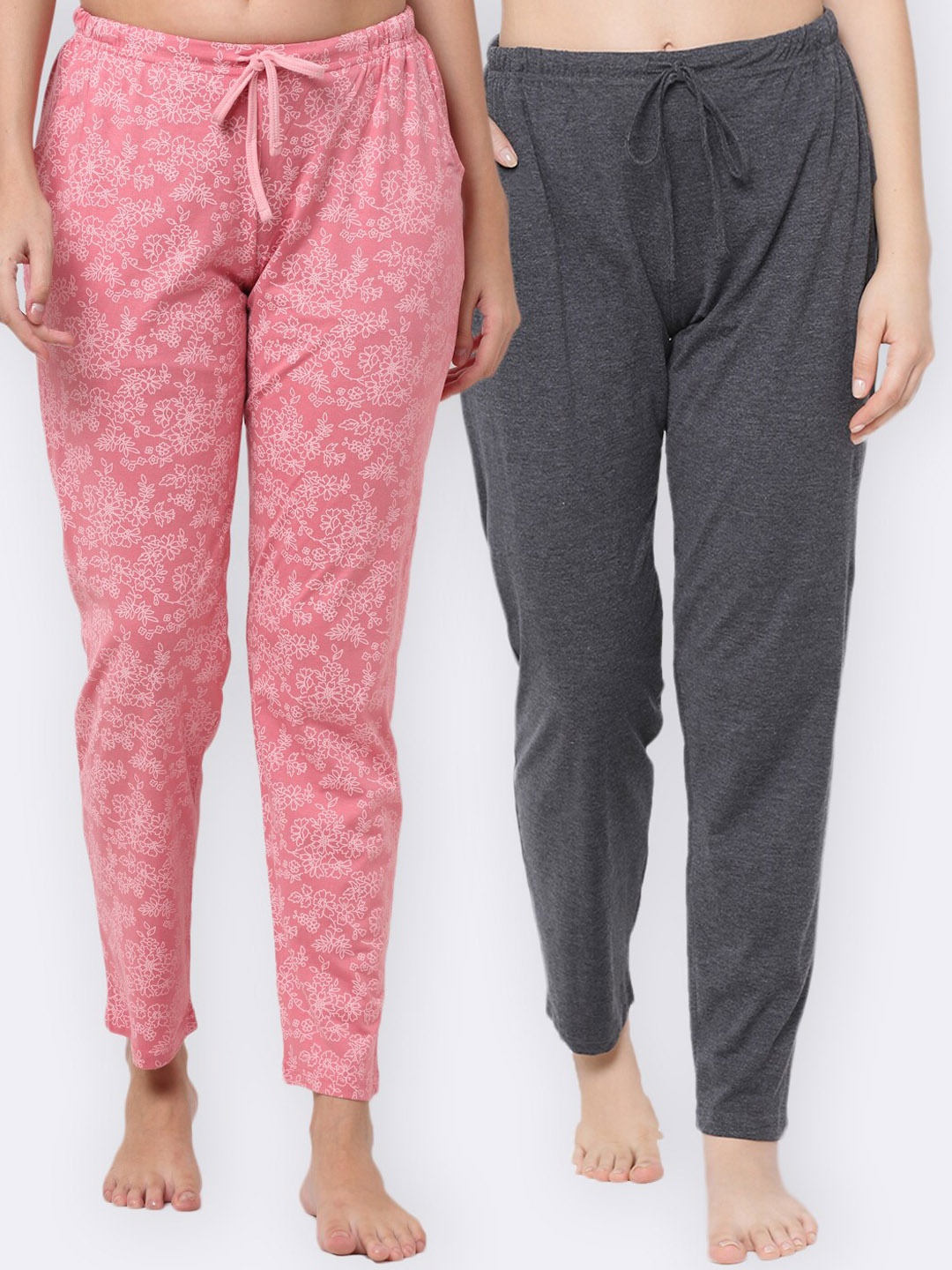 

Kanvin Women Pack Of 2 Charcoal & Pink Printed Pure Cotton Lounge Pants