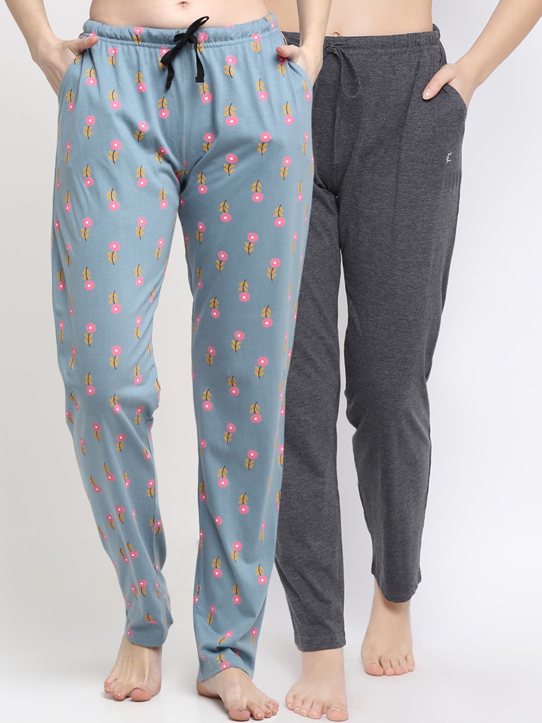 

Kanvin Women Pack Of 2 Printed Pure Cotton Lounge Pants, Charcoal