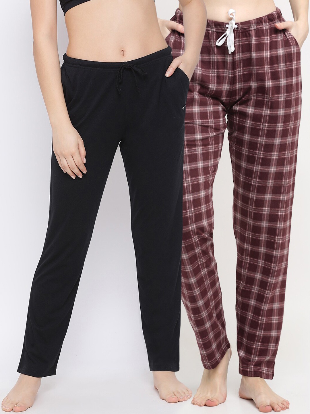 

Kanvin Women Pack Of 2 Checked Pure Cotton Lounge Pants, Black
