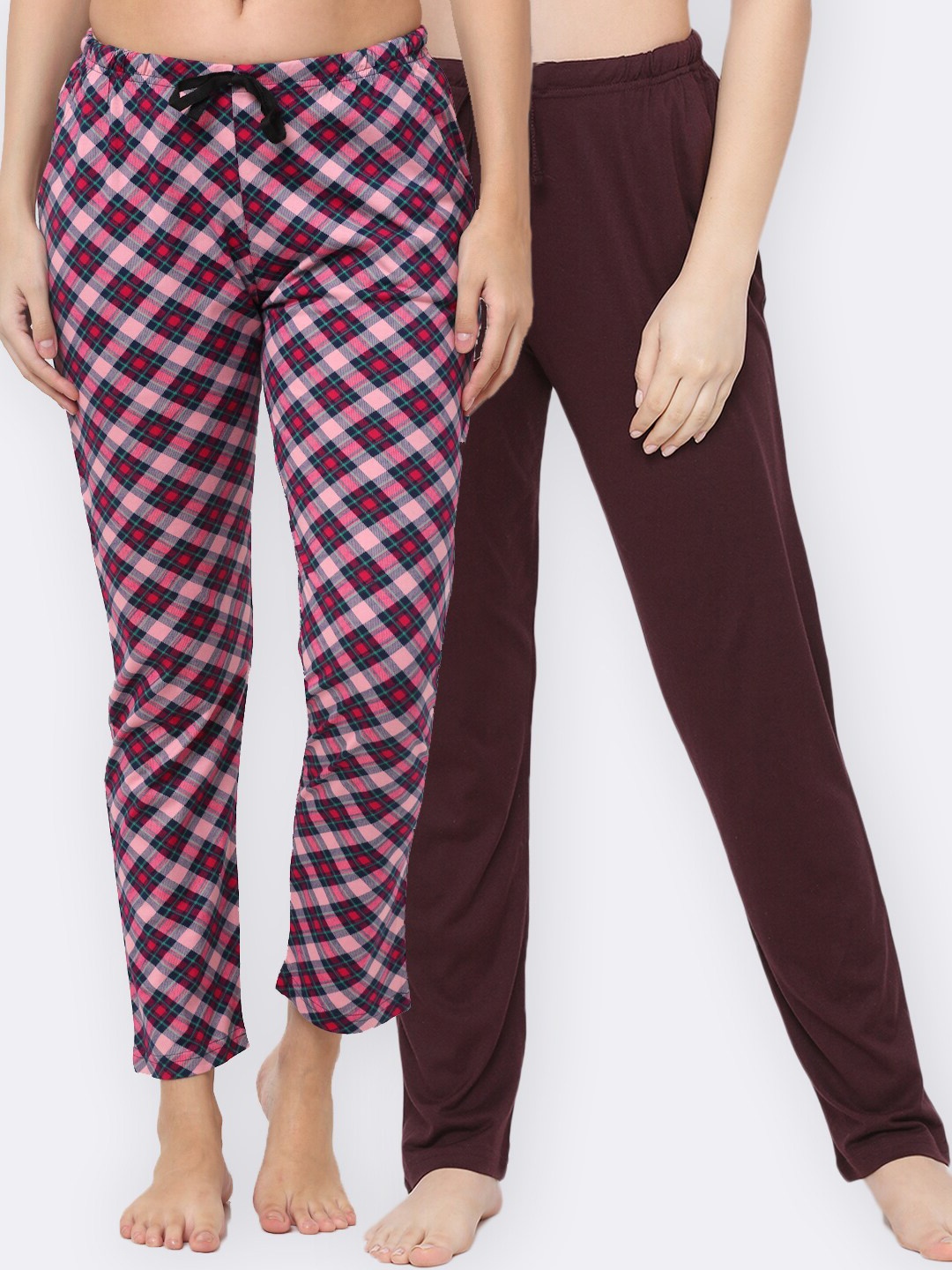 

Kryptic Women Pack Of 2 Checked Pure Cotton Lounge Pants, Brown