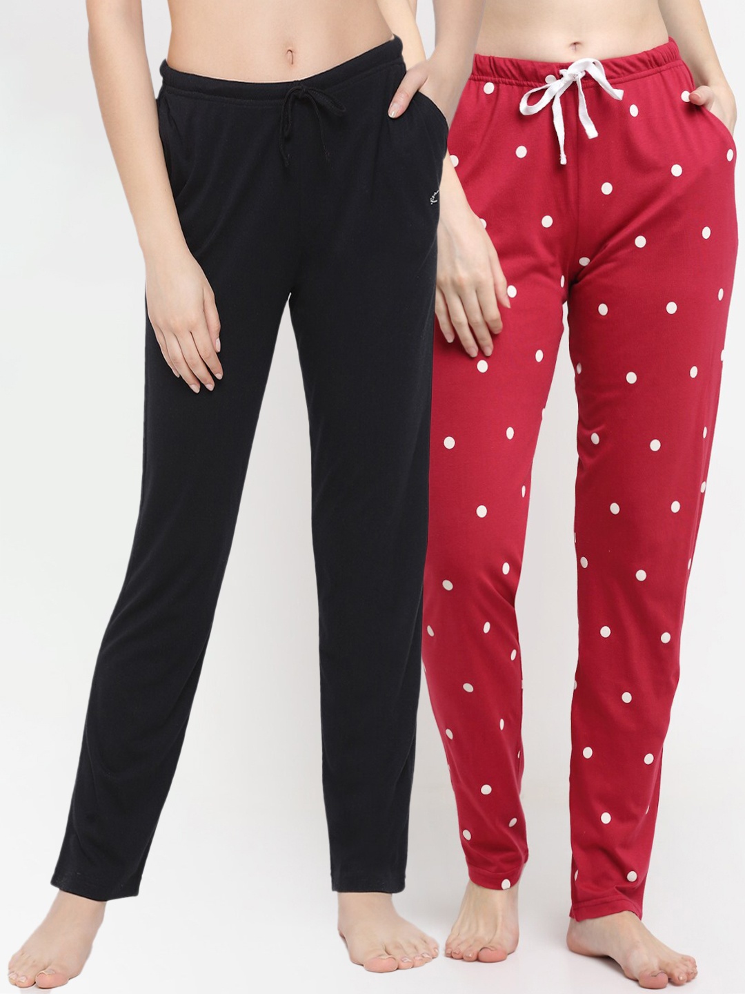 

Kanvin Women Pack Of 2 Black & Red Printed Pure Cotton Lounge Pants