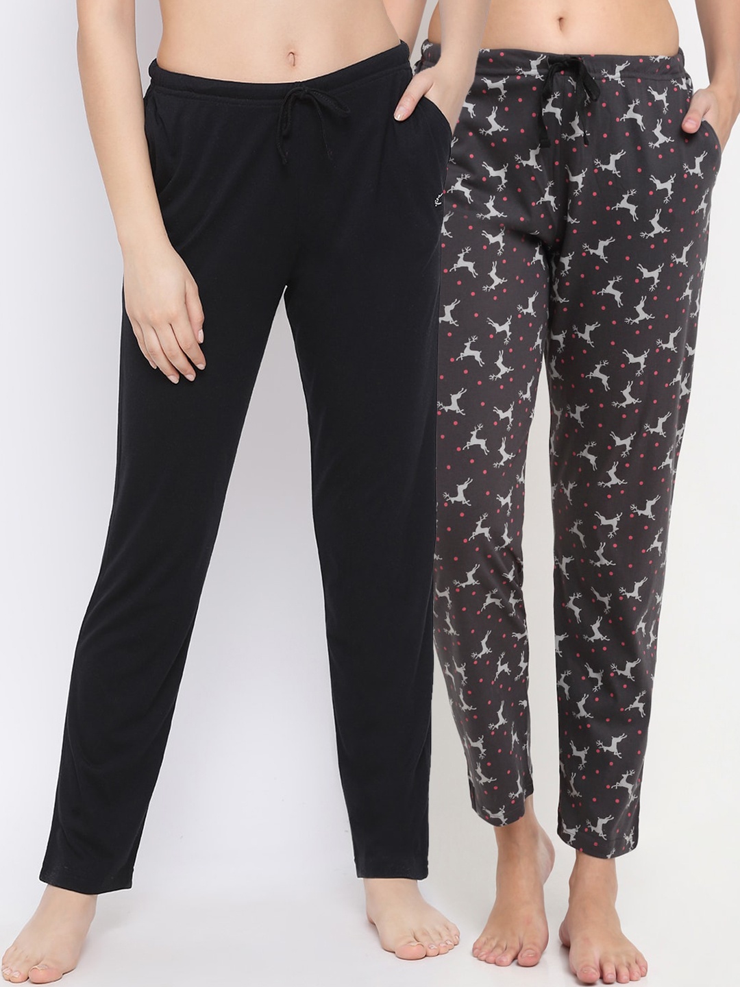

Kanvin Women Pack Of 2 Printed Pure Cotton Lounge Pants, Black