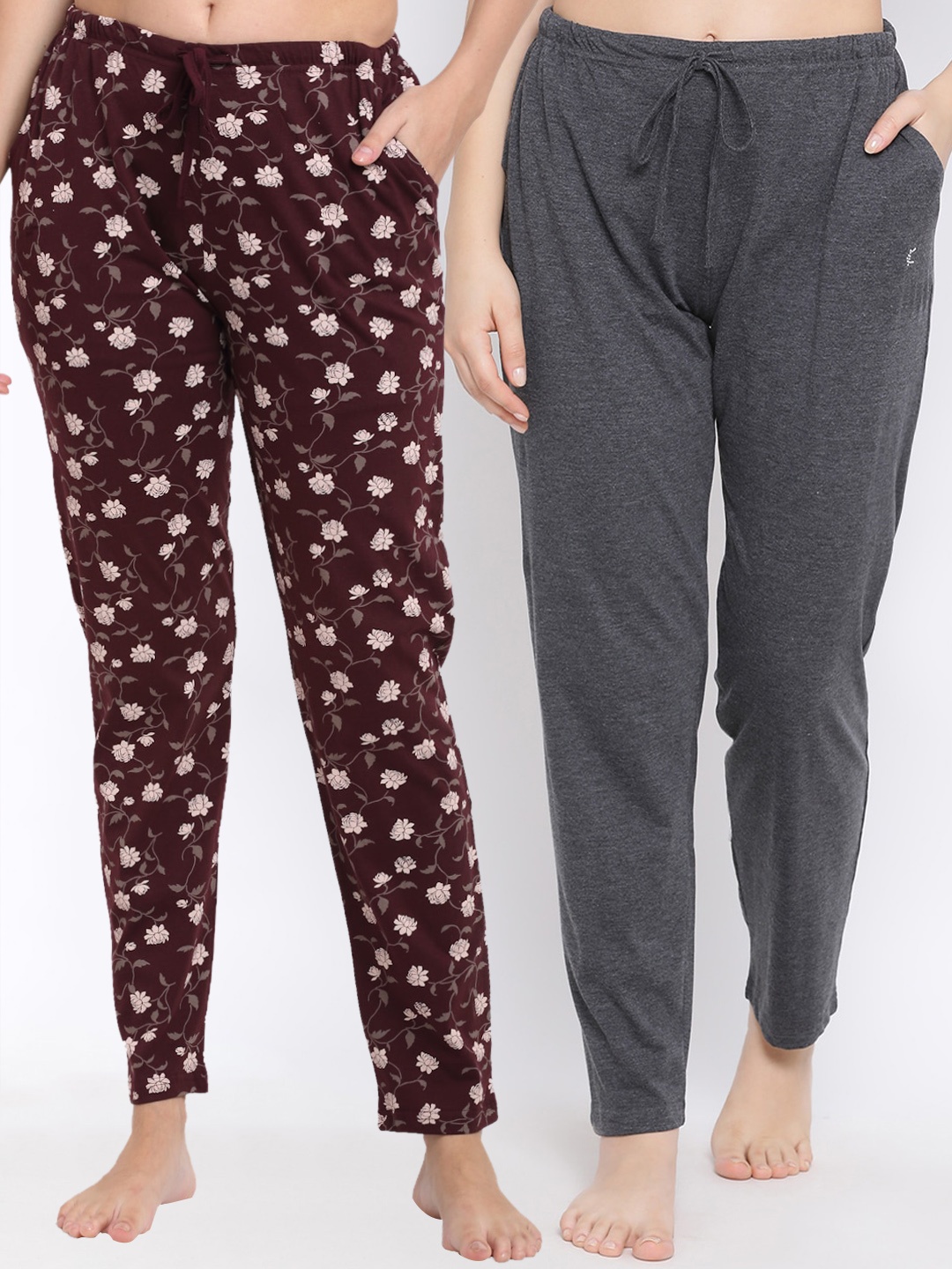 

Kanvin Women Pack Of 2 Printed Pure Cotton Lounge Pants, Charcoal