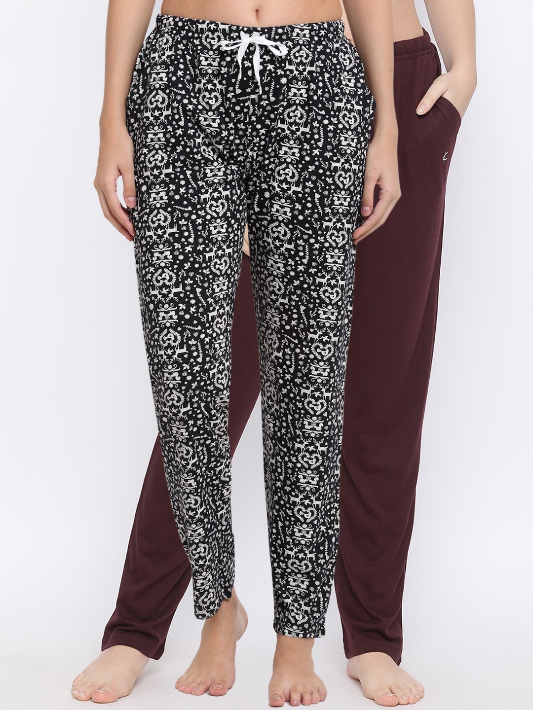 

Kanvin Women Pack Of 2 Printed Pure Cotton Lounge Pants, Brown