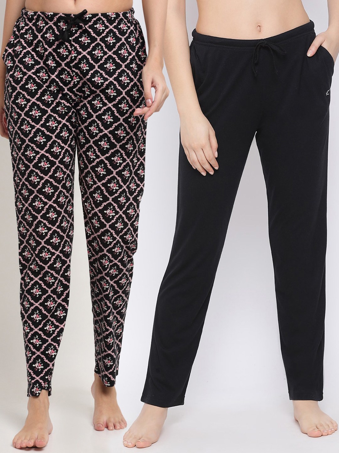 

Kanvin Women Pack Of 2 Printed Pure Cotton Lounge Pants, Black