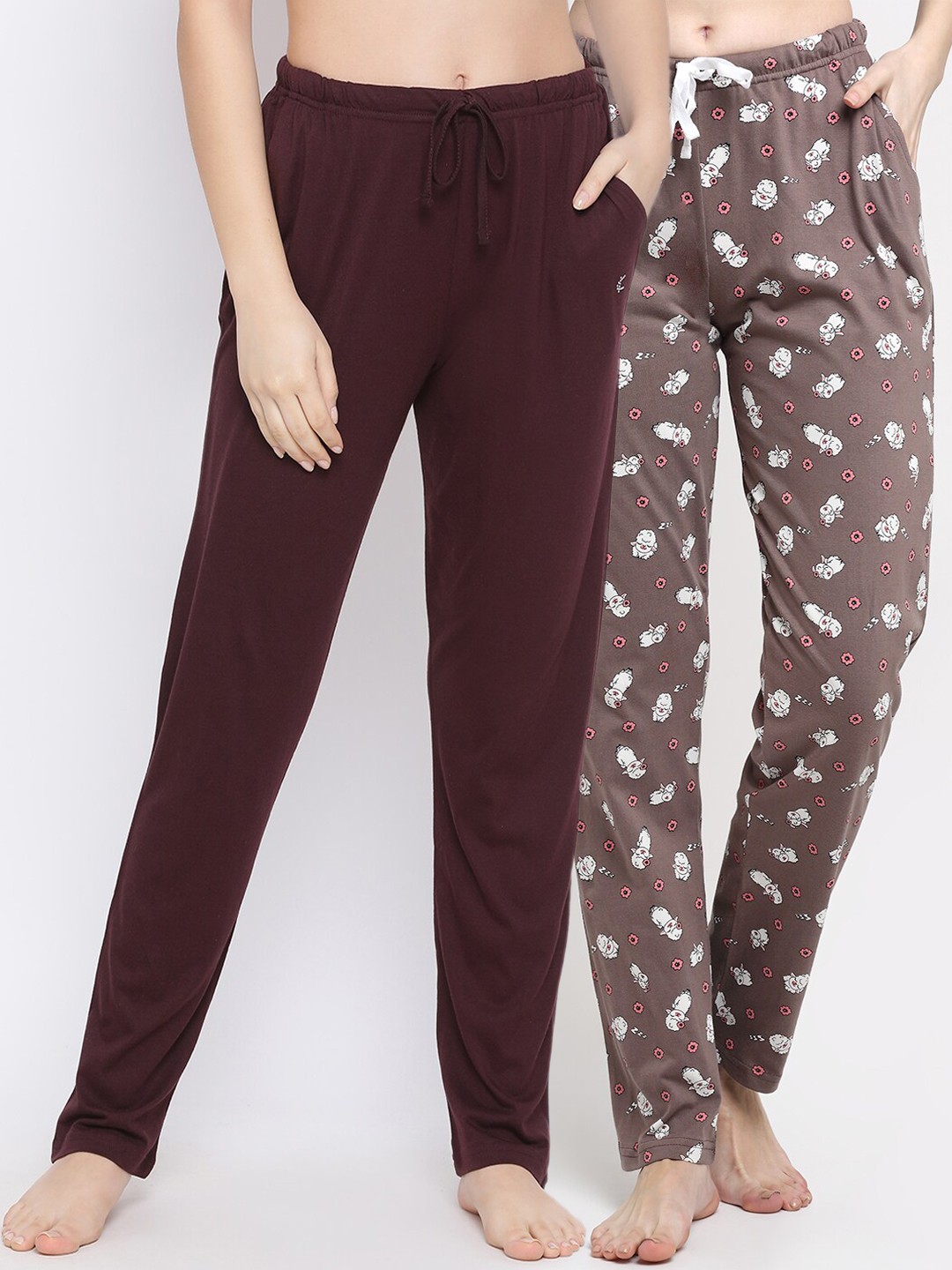 

Kanvin Women Pack Of 2 Printed Pure Cotton Lounge Pants, Brown