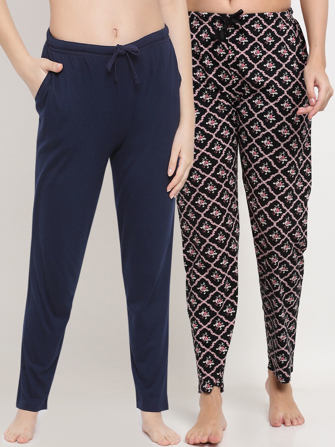 

Kanvin Women Pack Of 2 Printed Pure Cotton Lounge Pants, Navy blue