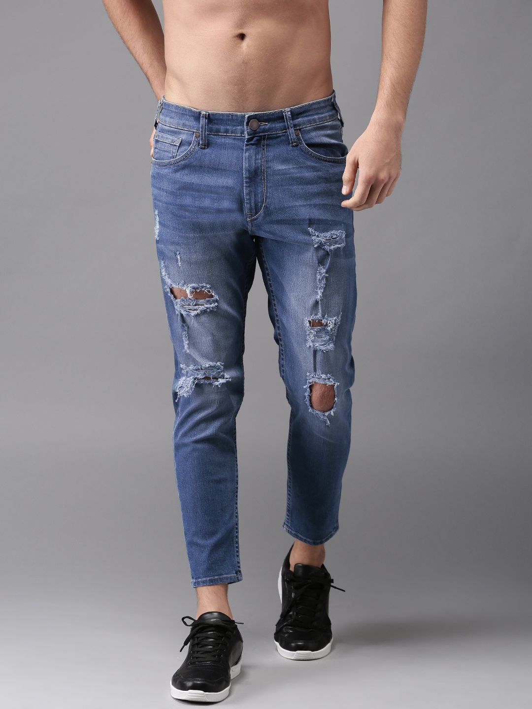 

Moda Rapido Men Ankle Length Slim Tapered Fit Blue Heavy Distressed Stretchable Jeans