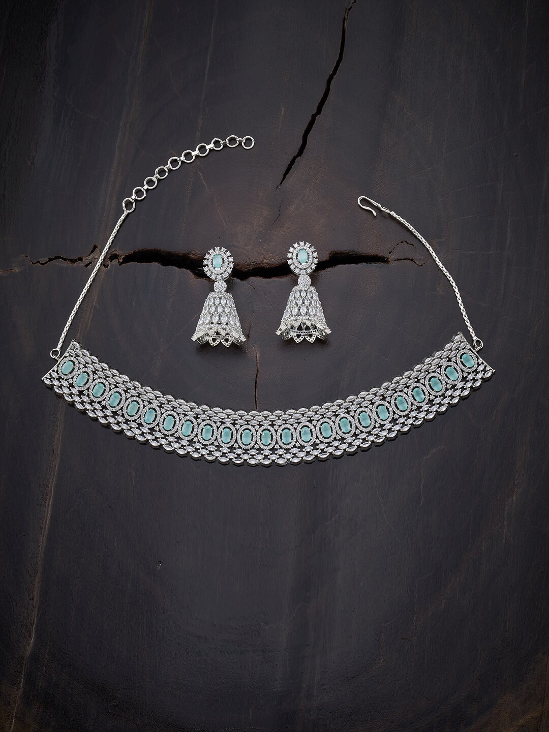 

Kushal's Fashion Jewellery Sea Green Rhodium-Plated Choker Necklace Set