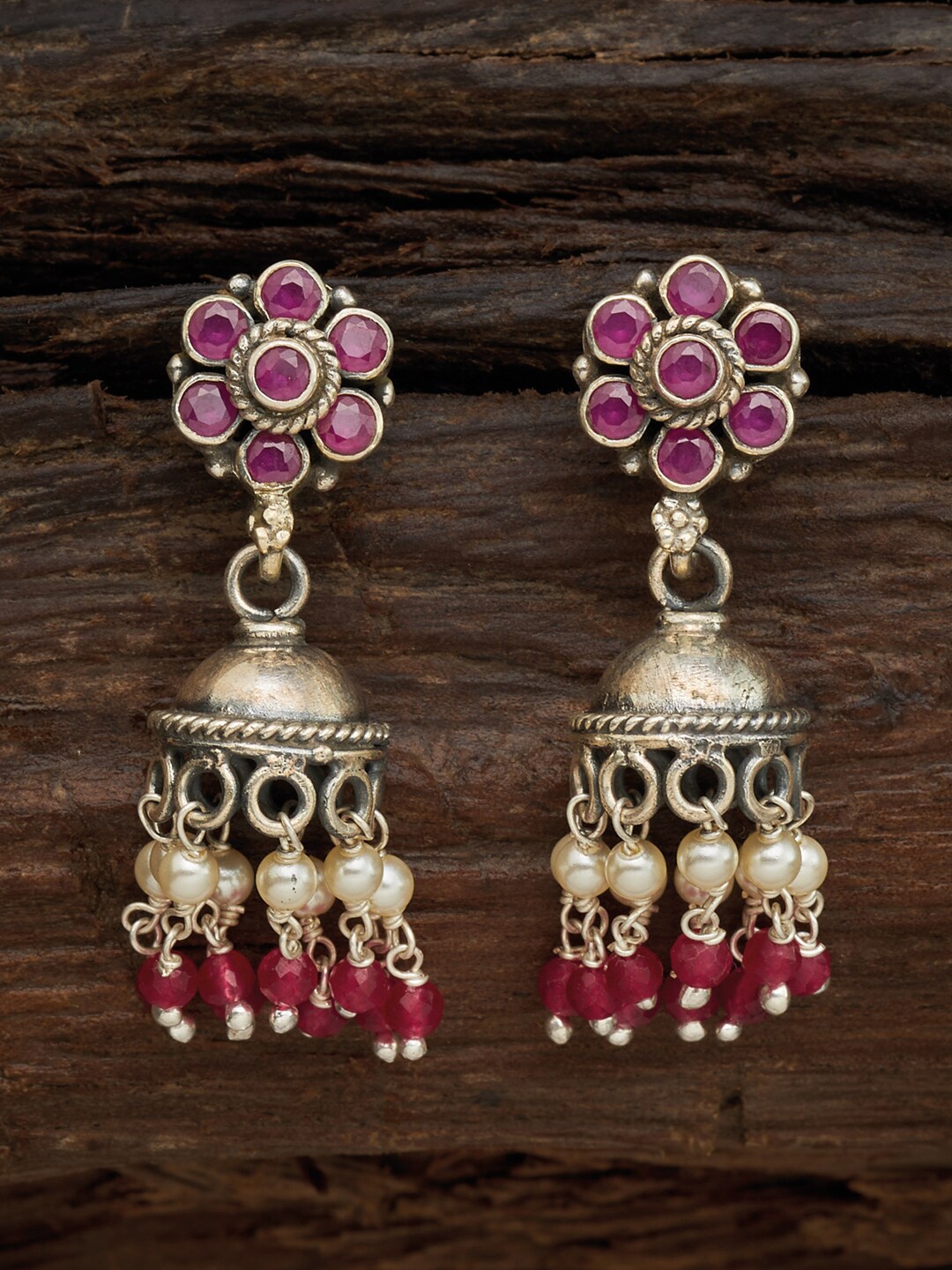 

Kushals Fashion Jewellery 92.5 Red Silver-Plated Floral Oxidized Jhumkas Earrings