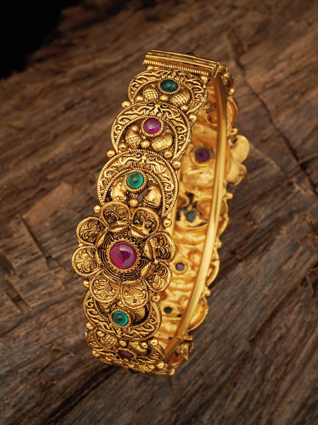 

Kushal's Fashion Jewellery Gold-Plated Pink & Green Stones-Studded Bridal Bangle