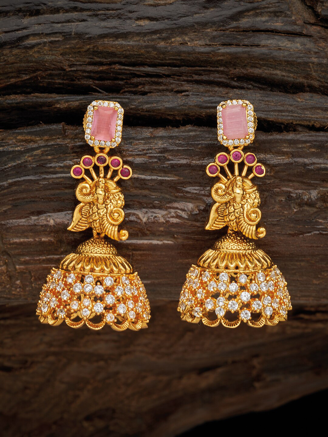 

Kushal's Fashion Jewellery Gold-Toned & Pink Dome Shaped Jhumkas Earrings
