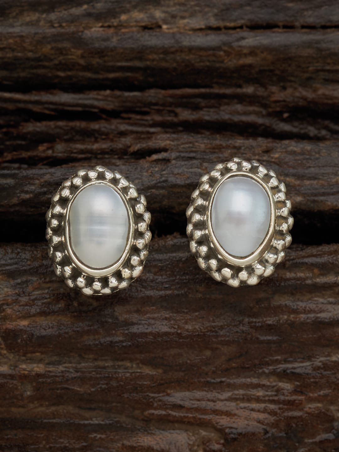 

Kushal's Fashion Jewellery White Silver Oxidised Oval Studs Earrings