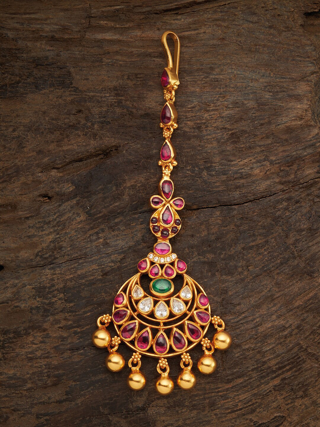 

Kushal's Fashion Jewellery Gold-Toned Red & Green Stone 92.5 Pure Silver Maang Tikka