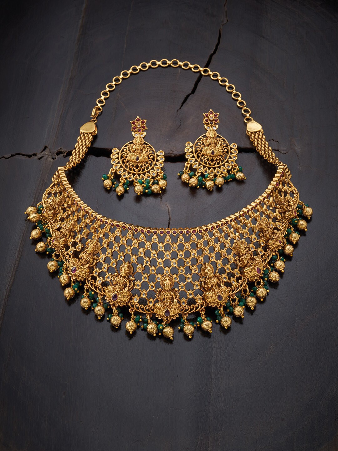 

Kushal's Fashion Jewellery Gold-Plated Green & Red Stone Choker Necklace Set