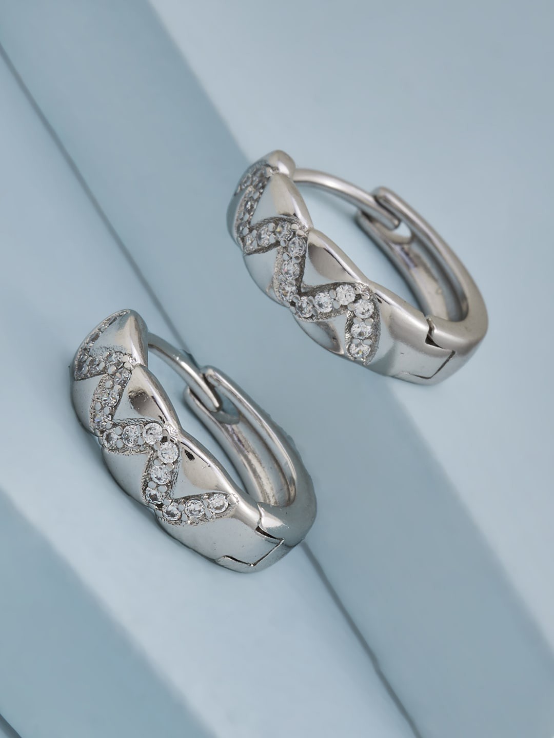 

Kushal's Fashion Jewellery Rhodium-Plated White Studded Circular Hoop Earrings