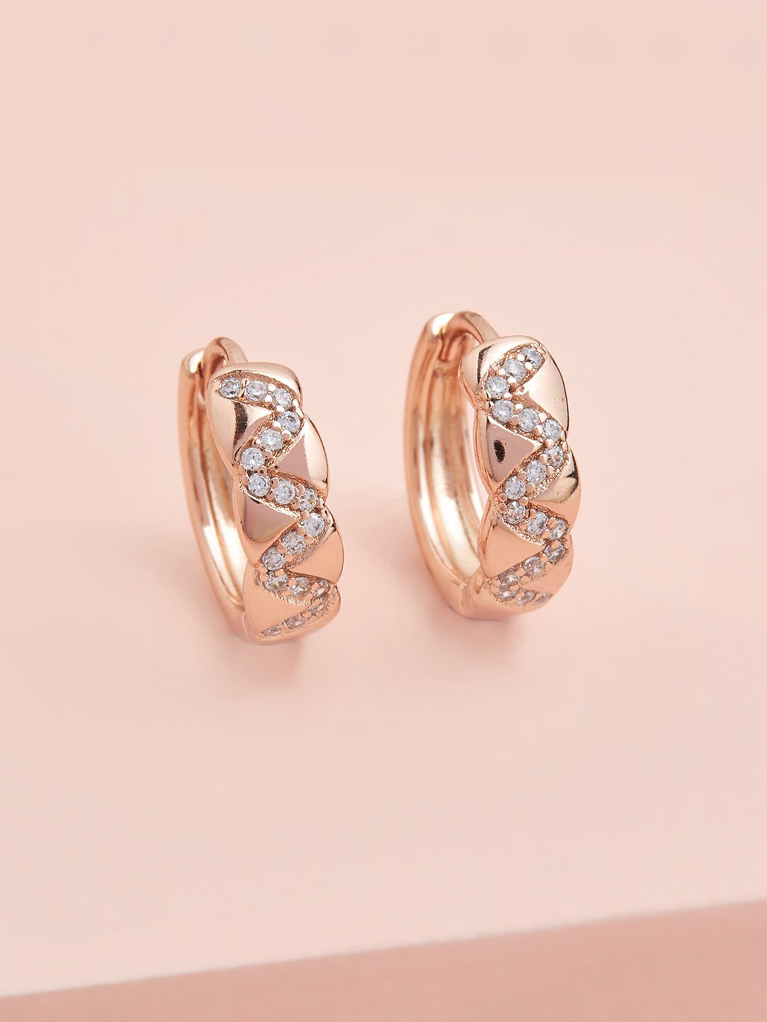 

Kushal's Fashion Jewellery White Rose-Gold Plated Circular CZ Studded Hoop Earrings