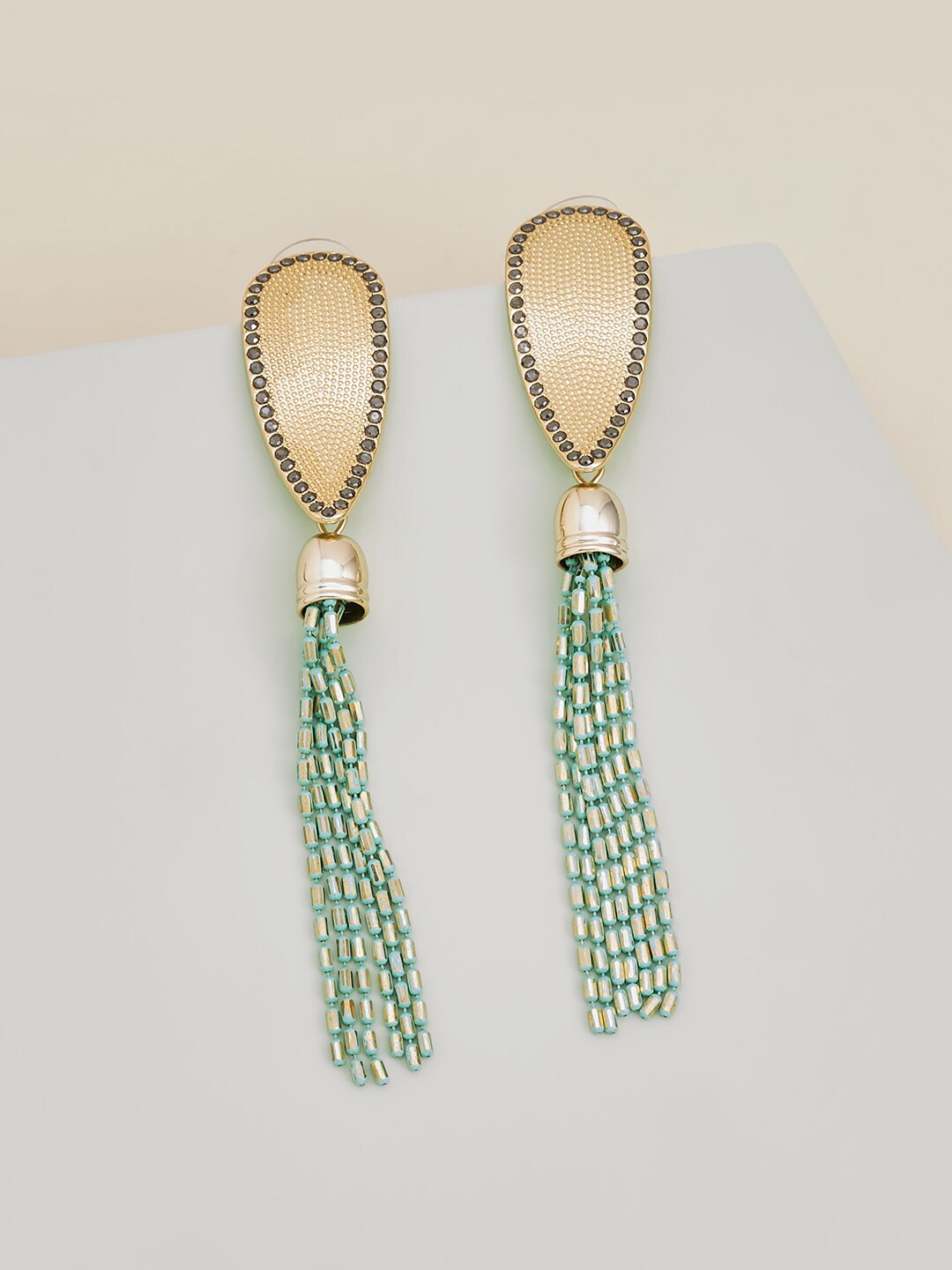 

Kushal's Fashion Jewellery Green Gold-Plated Tasselled Drop Earrings
