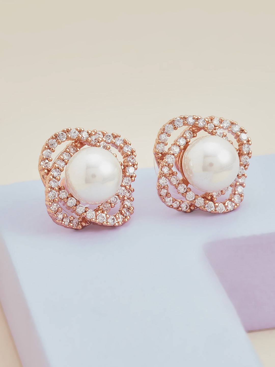 

Kushal's Fashion Jewellery White & Rose Gold Floral Studs Earrings