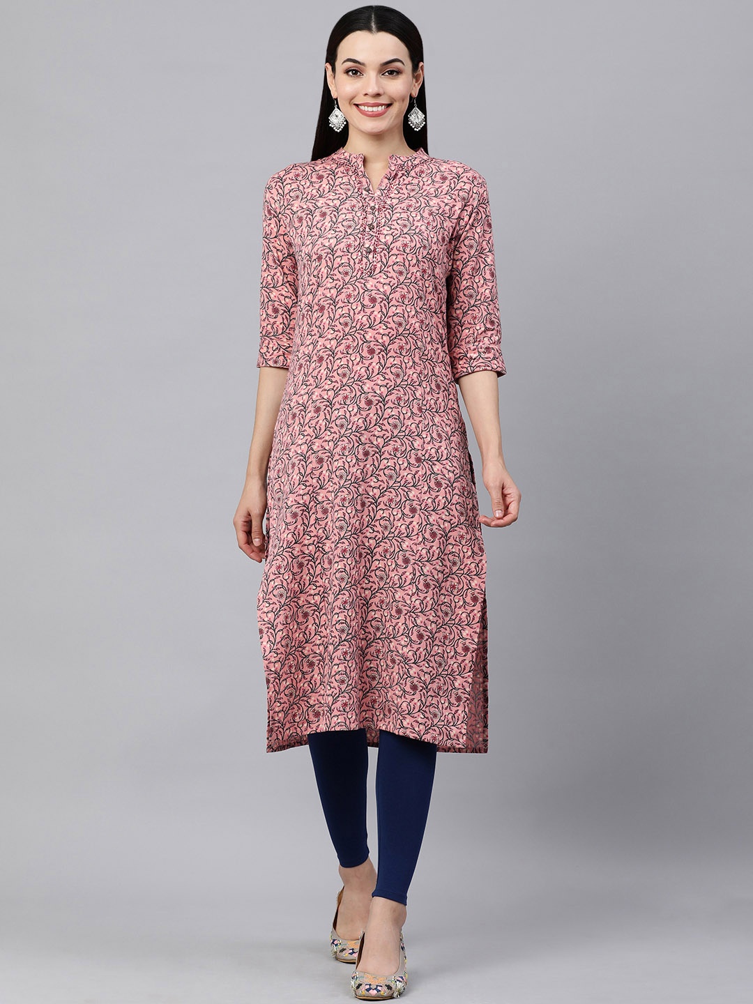 

KALINI Women Peach-Coloured & Charcoal Grey Pure Cotton Ethnic Motifs Printed Kurta