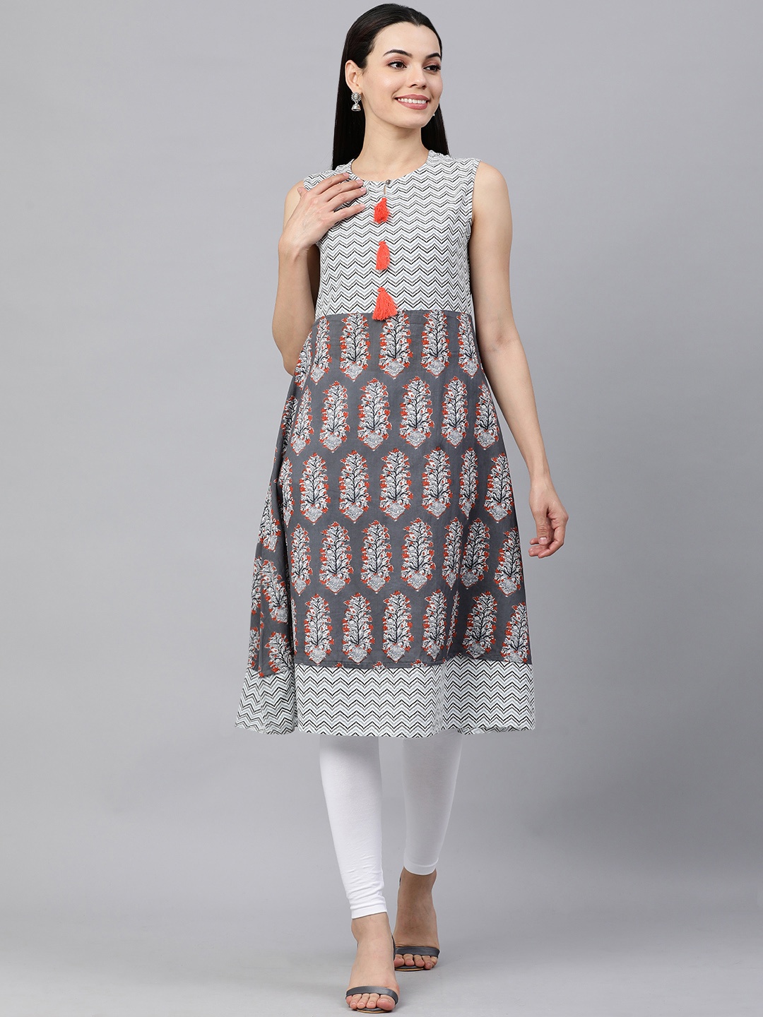 

KALINI Women Grey & Red Ethnic Printed Pure Cotton Kurta