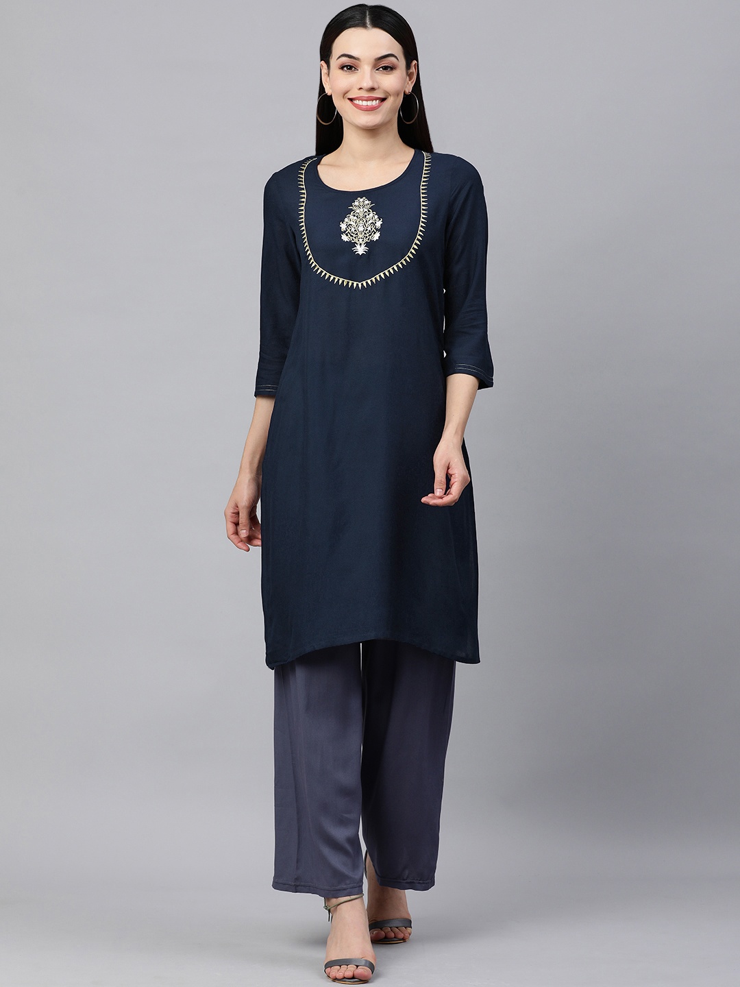 

KALINI Women Navy Blue Ethnic Motifs Embroidered Yoke Design Kurta