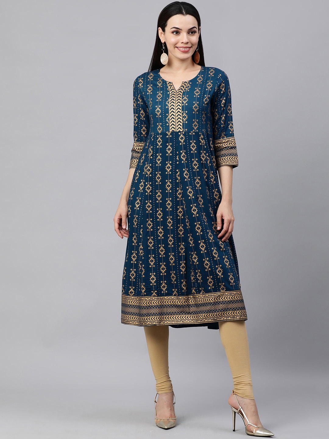 

KALINI Women Navy Blue & Beige Ethnic Motifs Printed A-Line Kurta