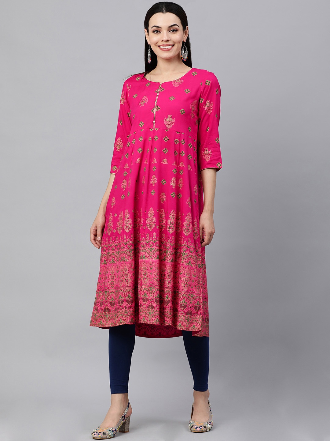 

KALINI Women Pink & Green Ethnic Motifs Printed Kurta