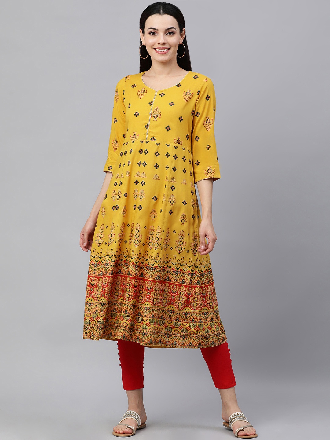 

KALINI Women Yellow & Red Ethnic Motifs Printed A-Line Kurta