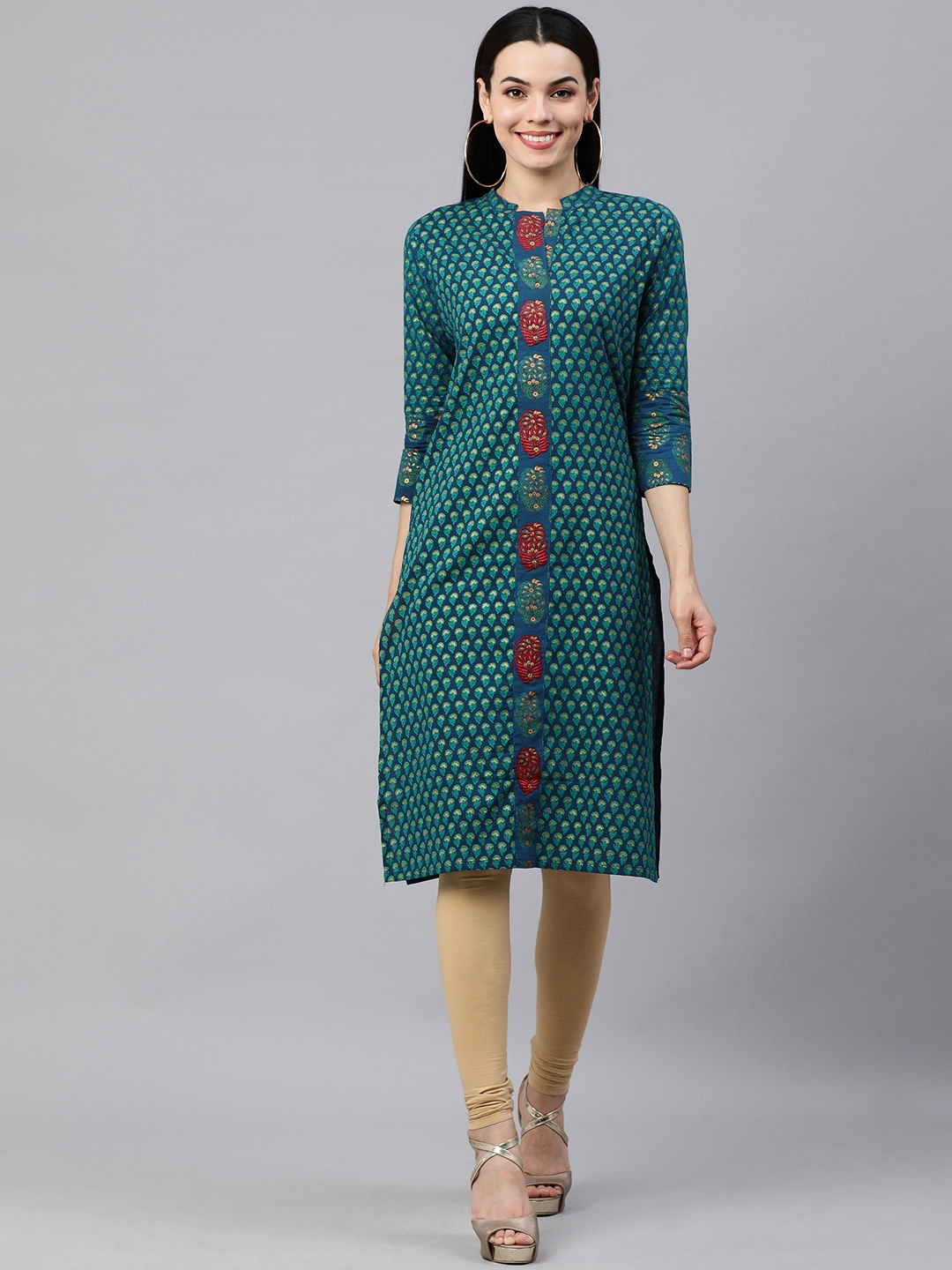 

KALINI Women Green & Red Ethnic Motifs Printed Pure Cotton Kurta