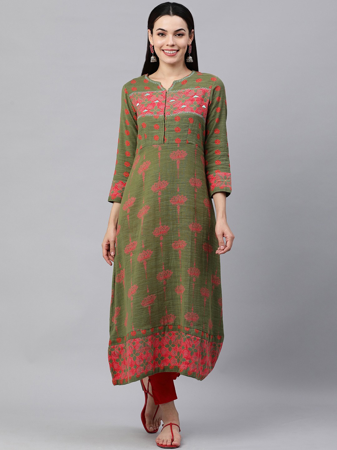 

KALINI Women Green & Pink Ethnic Motifs Printed Pure Cotton Kurta