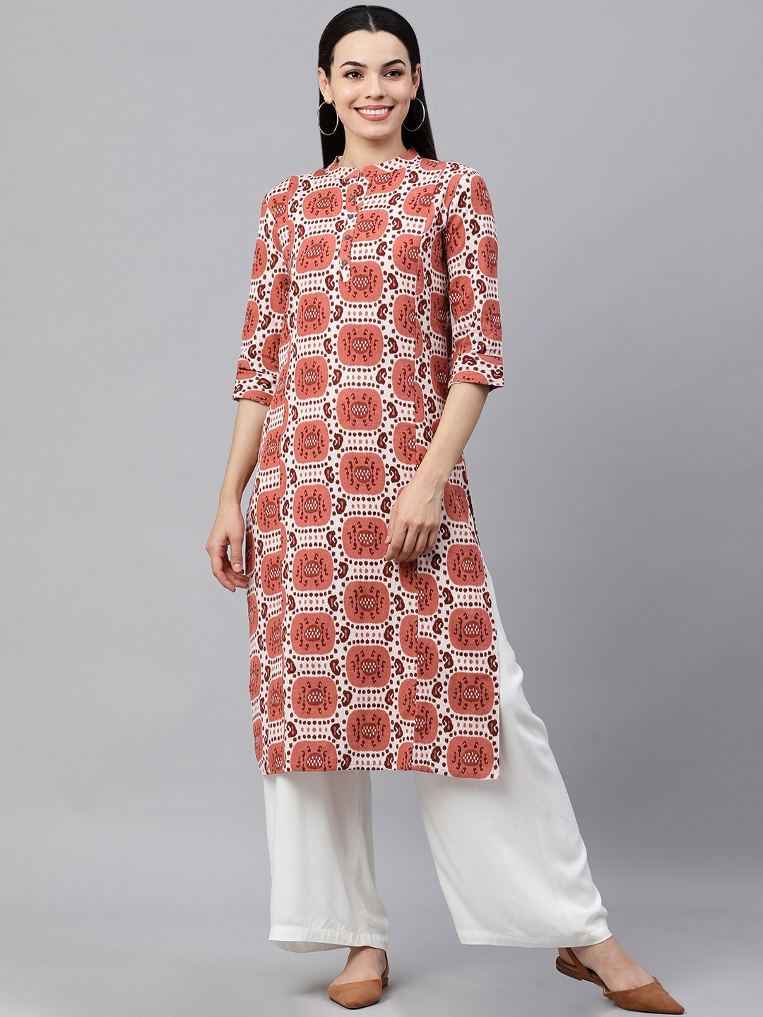 

KALINI Women White & Rust Ethnic Motifs Printed Kurta