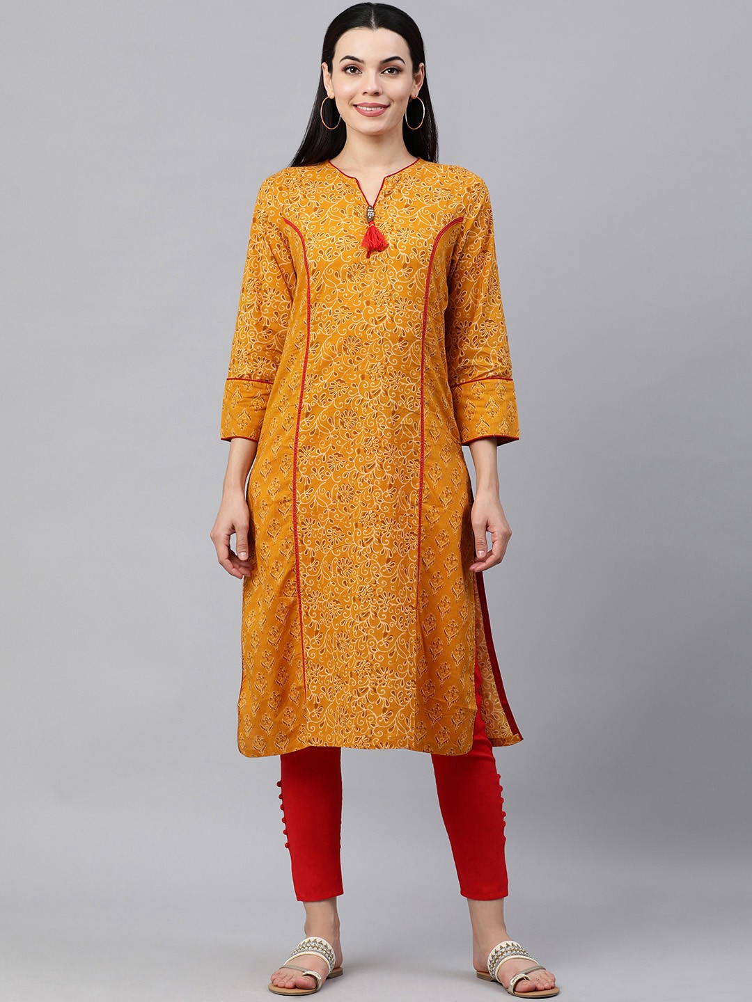 

KALINI Women Yellow & Red Ethnic Motifs Printed Pure Cotton Kurta