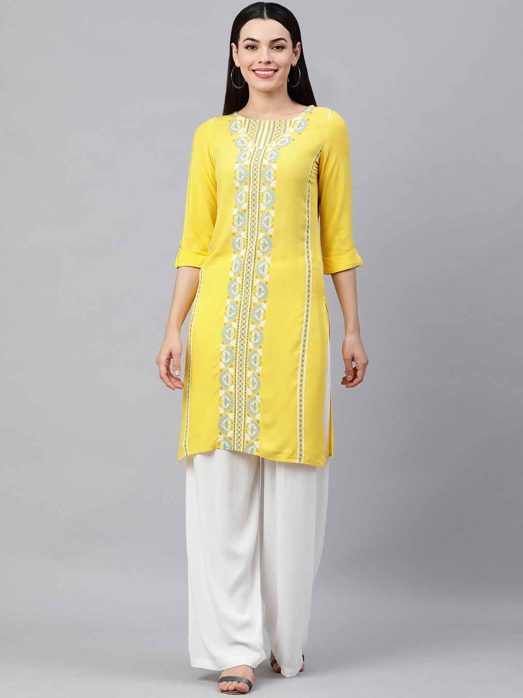 

KALINI Women Yellow & Blue Ethnic Motifs Printed Kurta