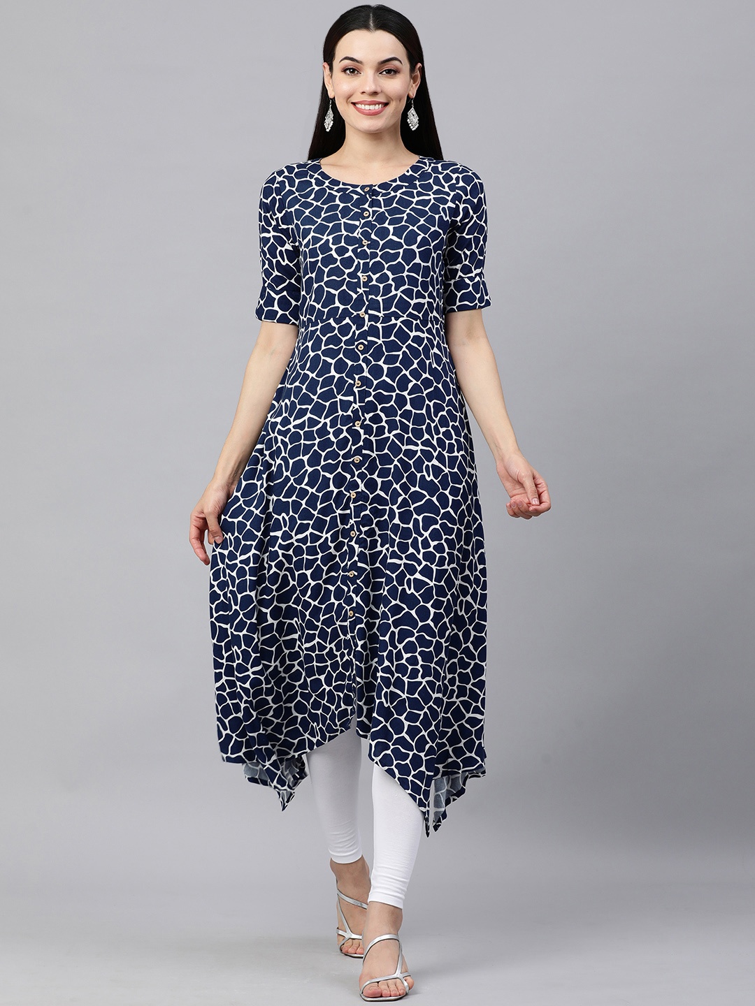 

KALINI Women Blue & White Printed Asymmetric Hem A-Line Pure Cotton Kurta