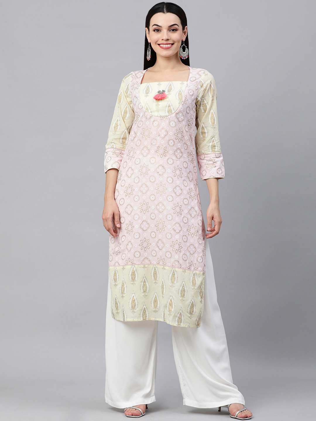 

KALINI Women Off White & Pink Ethnic Motifs Printed Kurta