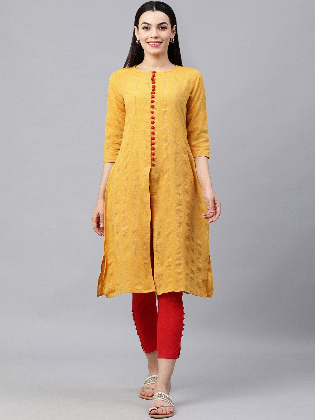 

KALINI Women Mustard Yellow Woven Design A-Line Kurta