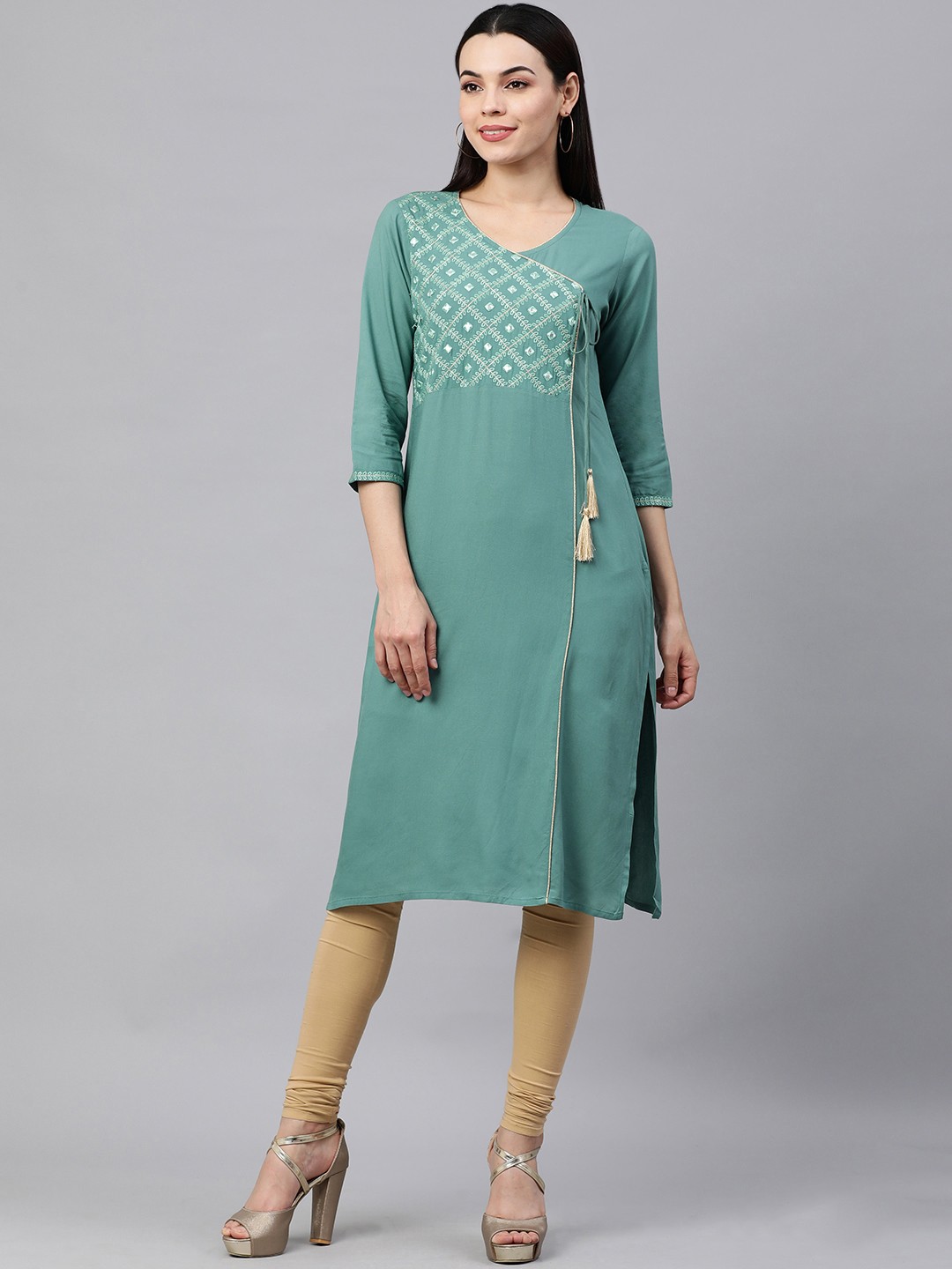 

KALINI Women Sea Green Ethnic Motifs Embroidered Angrakha Kurta