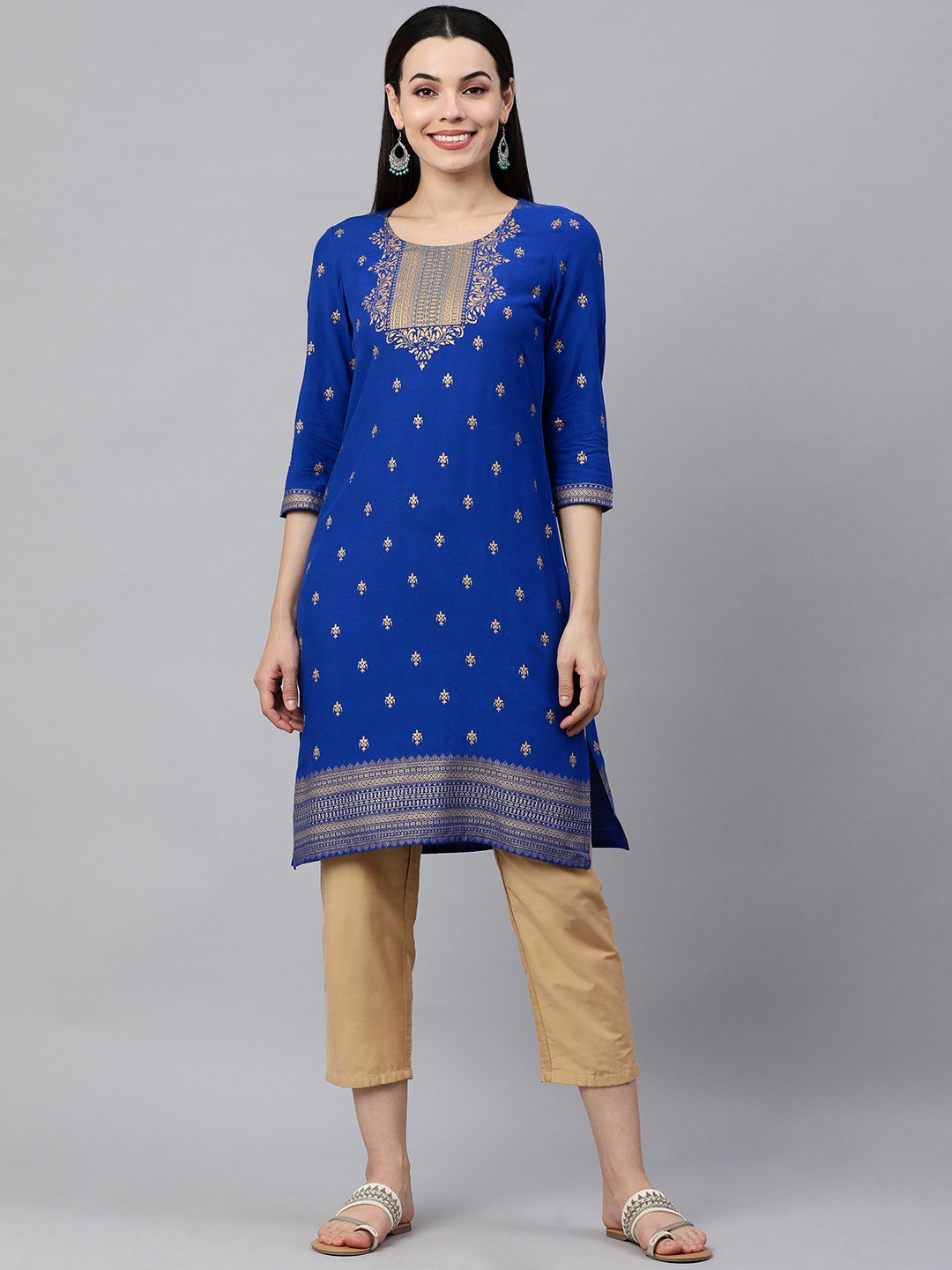 

KALINI Women Blue & Golden Ethnic Printed Kurta