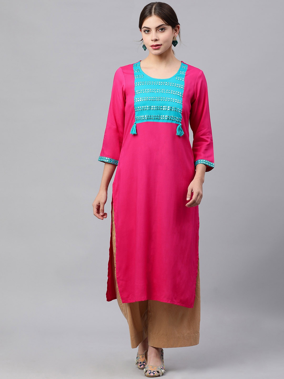 

KALINI Women Pink & Blue Embellished Mirror Work Kurta