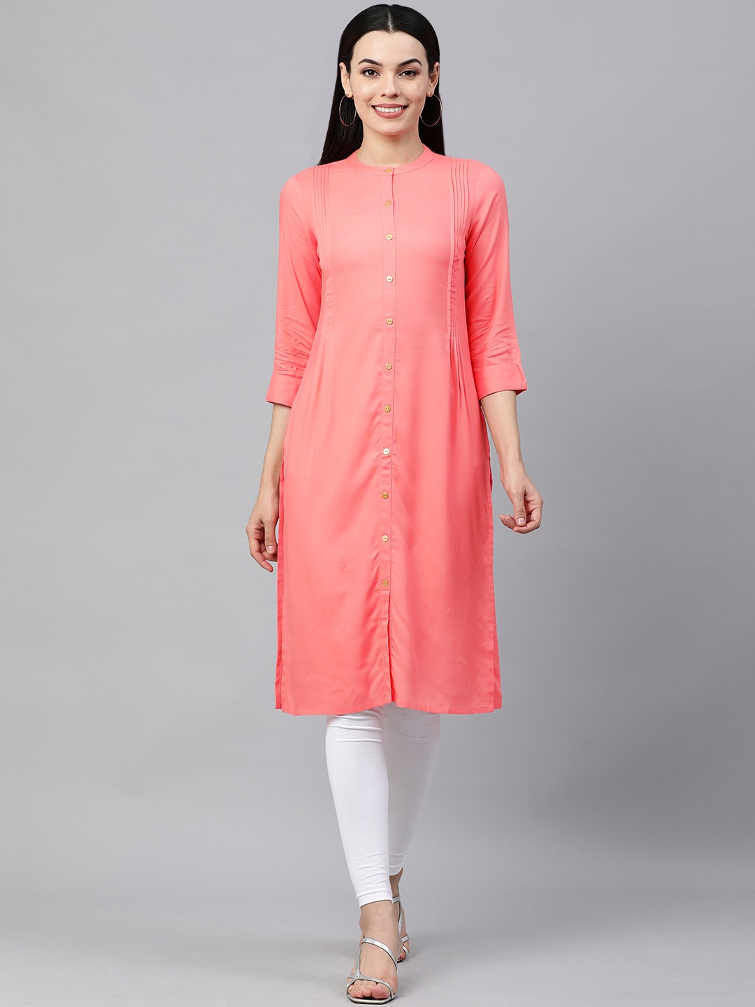 

KALINI Women Peach-Coloured Solid Roll-Up Sleeves Kurta
